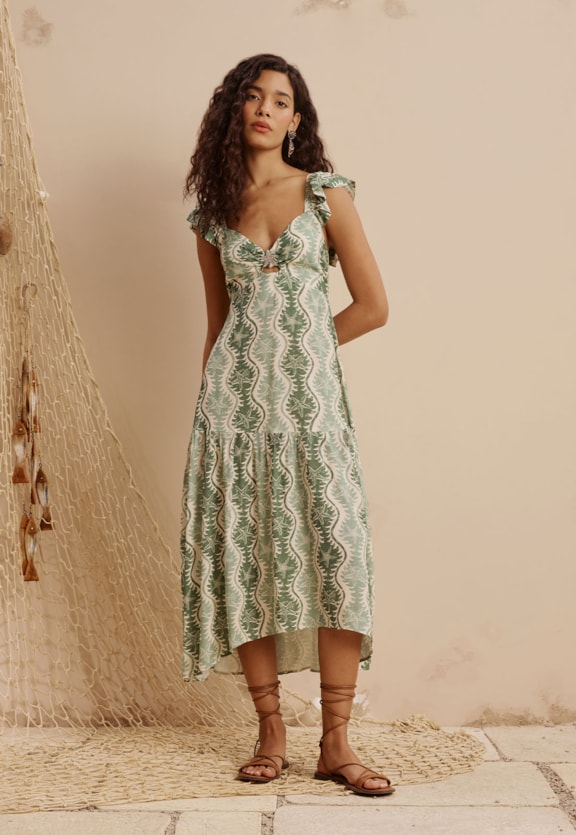 Vestido Midi Detalhe Estrela do Mar Estampado Rio Verde Vista Frontal