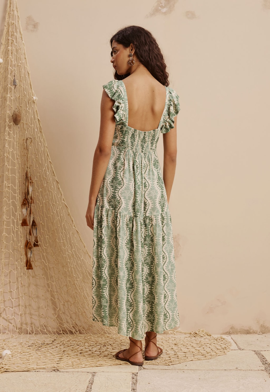 Vestido Midi Detalhe Estrela do Mar Estampado Rio Verde