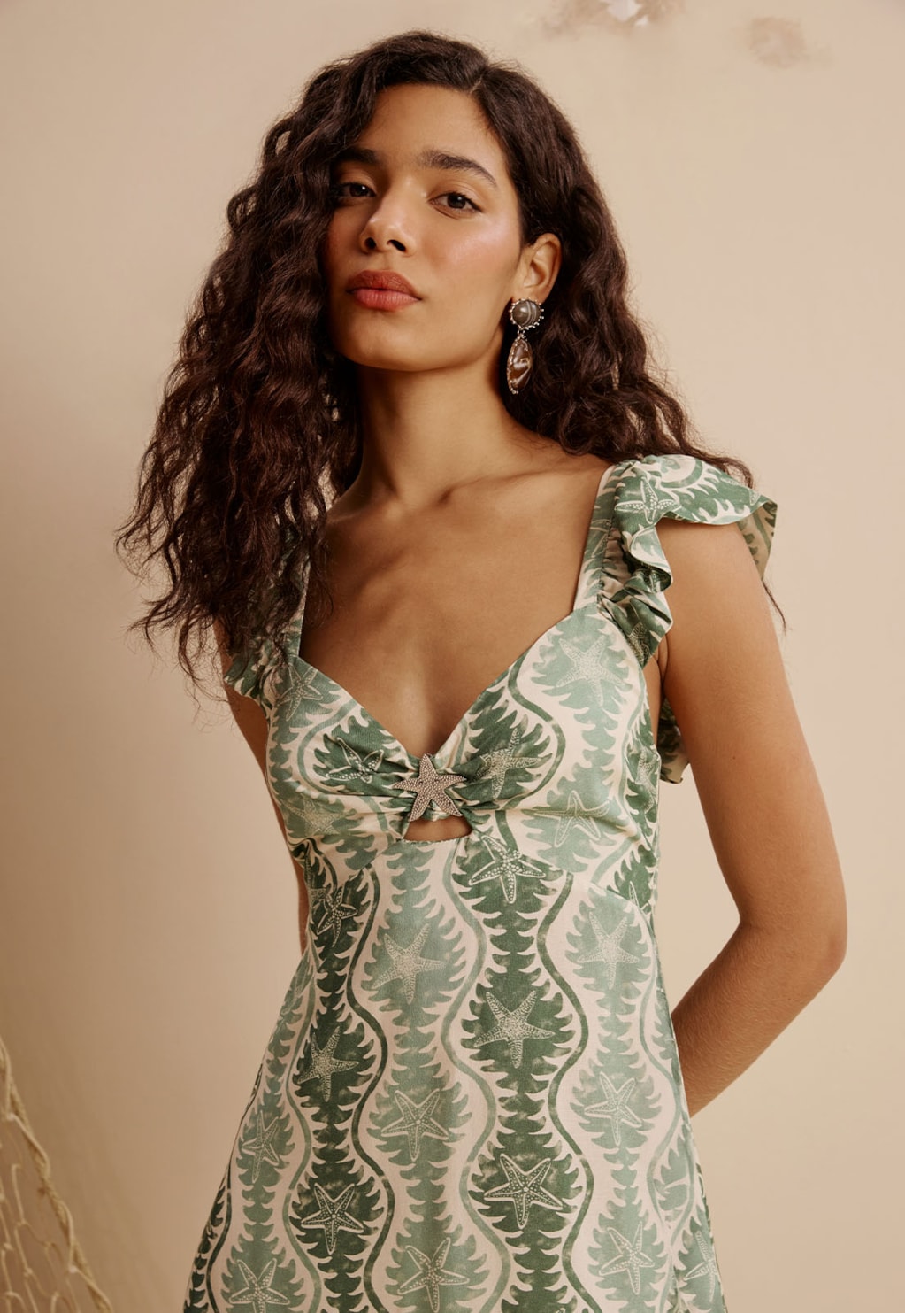 Vestido Midi Detalhe Estrela do Mar Estampado Rio Verde