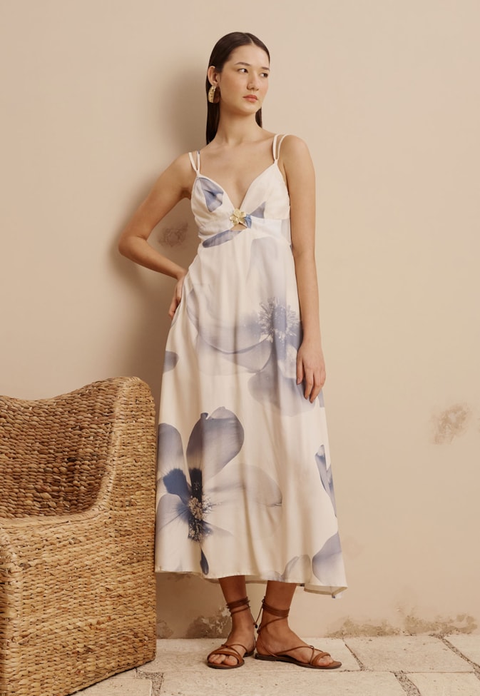 Vestido Midi Detalhe Flor Dourado Estampado Íris