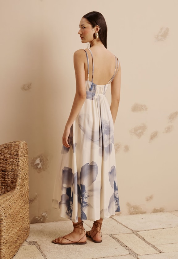 Vestido Midi Detalhe Flor Dourado Estampado Íris Vista Traseira