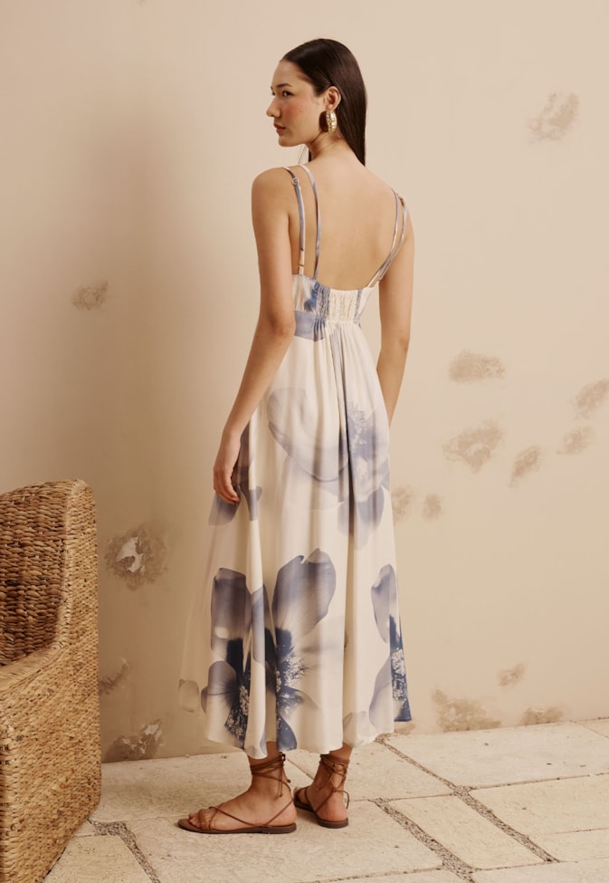 Vestido Midi Detalhe Flor Dourado Estampado Íris