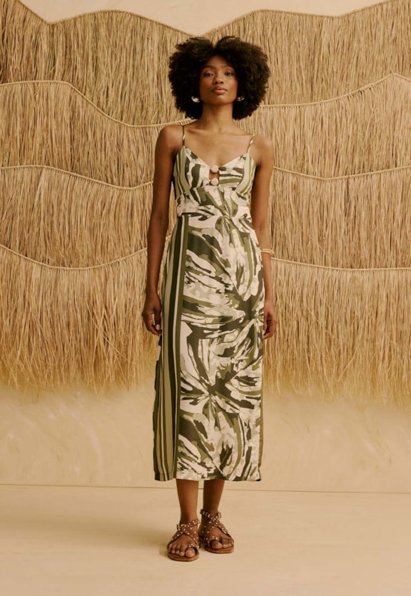 Vestido Midi Detalhe Ponteira no Decote Estampado Wayra Vista Frontal