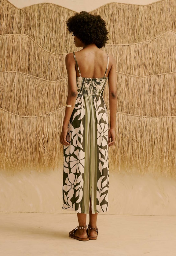 Vestido Midi Detalhe Ponteira no Decote Estampado Wayra Vista Traseira