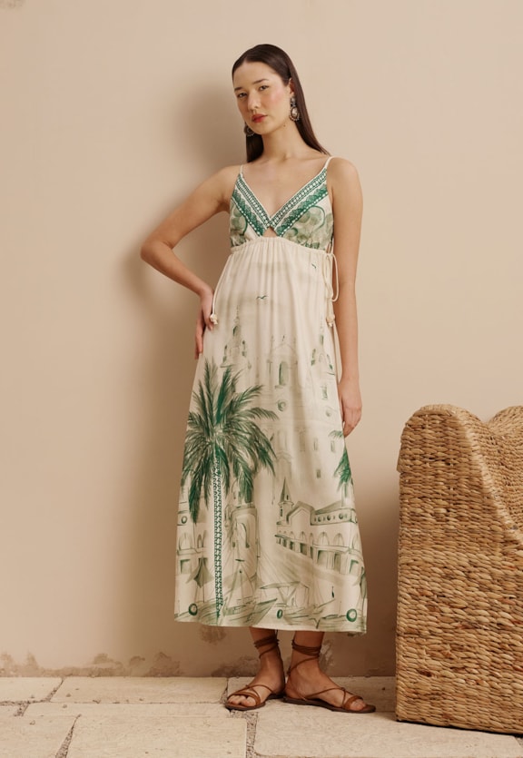 Vestido Midi Detalhe Túnel Estampado Belém Vista Frontal