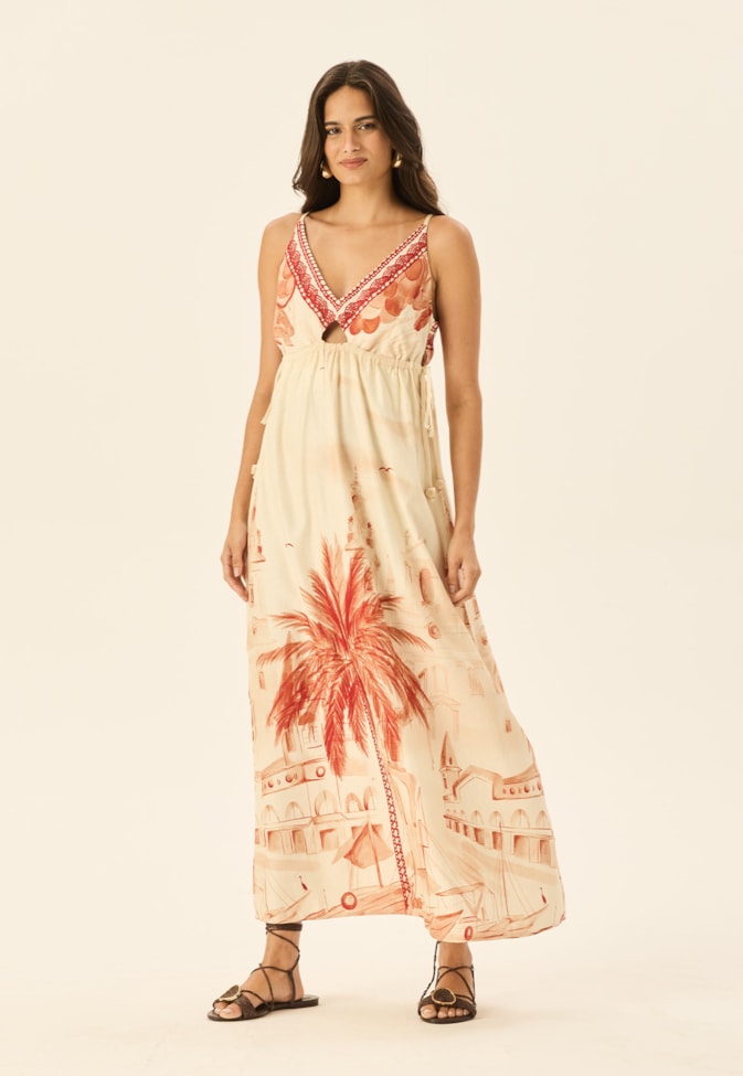 Vestido Midi Detalhe Túnel Estampado Belém
