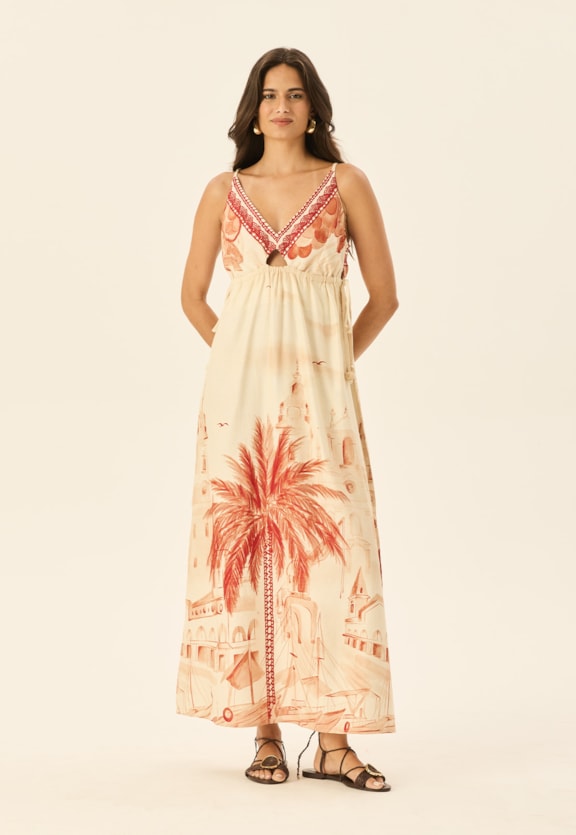 Vestido Midi Detalhe Túnel Estampado Belém Vista Frontal