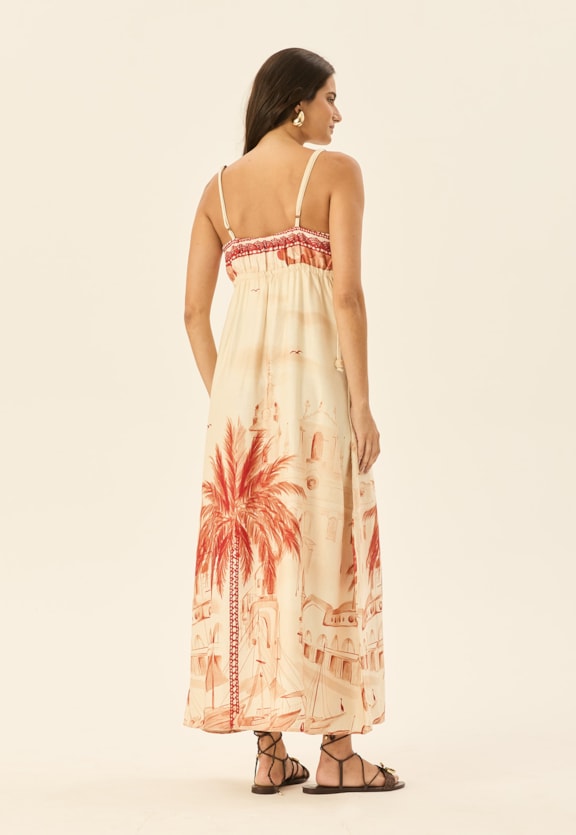Vestido Midi Detalhe Túnel Estampado Belém Vista Traseira