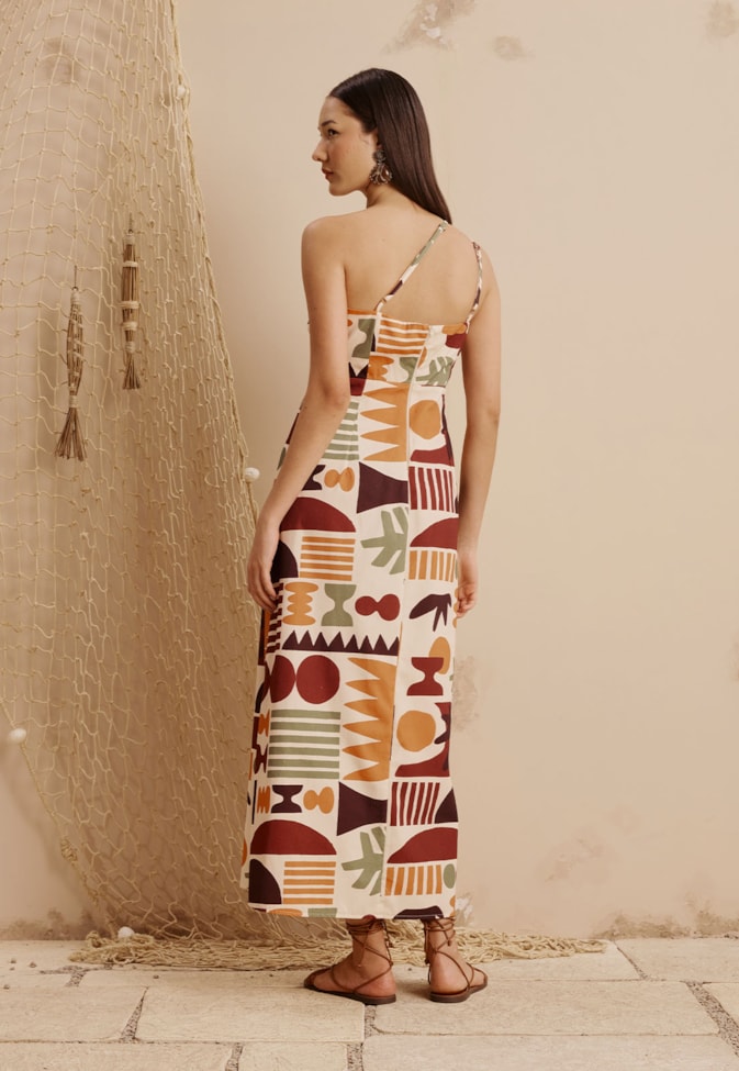 Vestido Midi Dupla Alça Com Fendas Estampado Ribeirinha