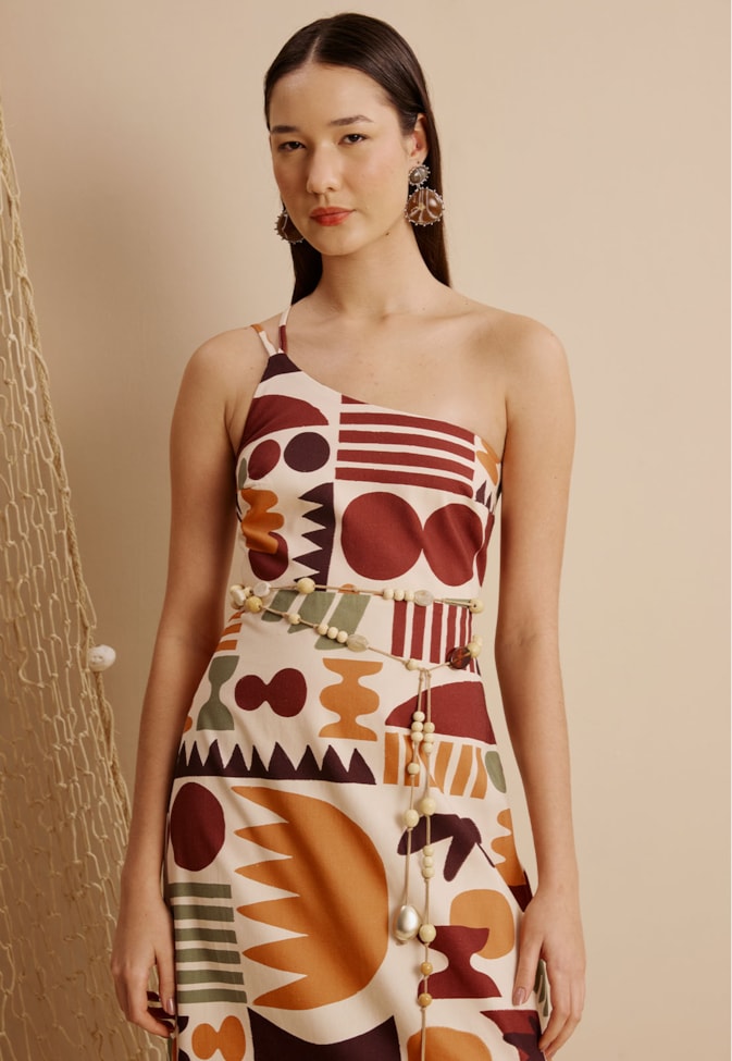 Vestido Midi Dupla Alça Com Fendas Estampado Ribeirinha