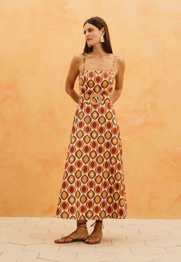 Vestido Midi Estampado Fivela Cacau Solar Vista Frontal
