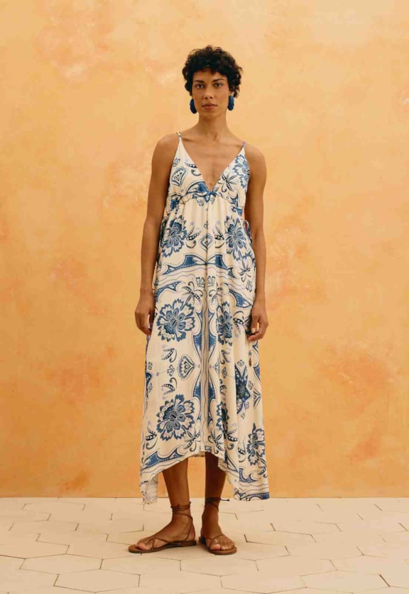 Vestido Midi Estampado Jasmin Azul Vista Frontal
