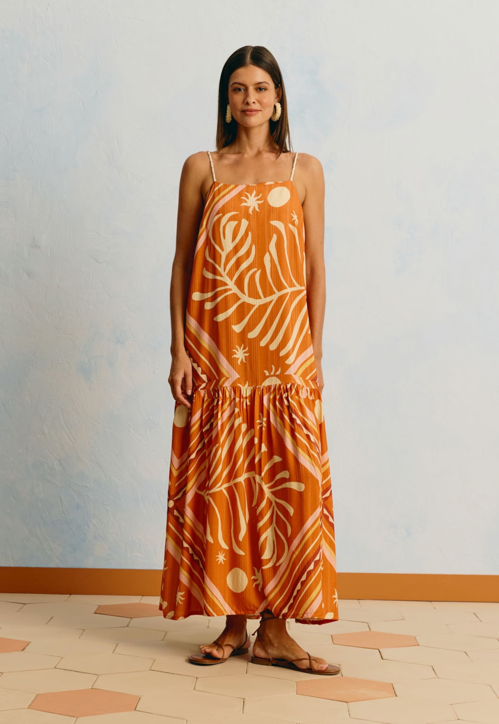 Vestido Midi Estampado Lenço Folhagem