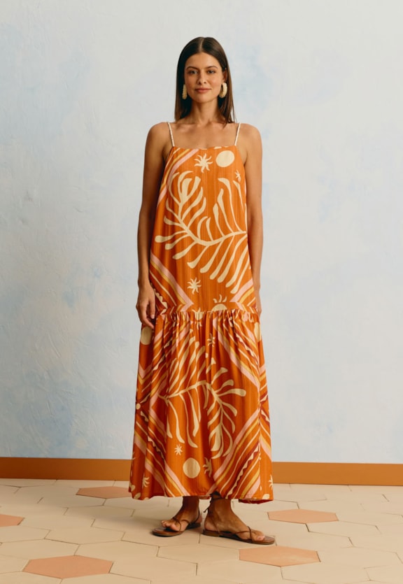 Vestido Midi Estampado Lenço Folhagem Vista Frontal