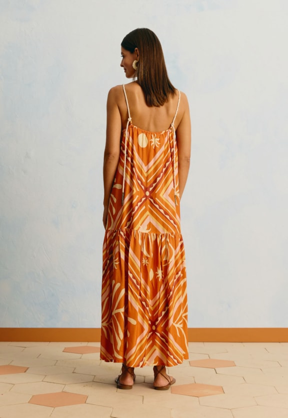 Vestido Midi Estampado Lenço Folhagem Vista Traseira