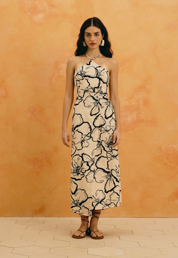 Vestido Midi Estampado Rosa Del Caribe Vista Frontal