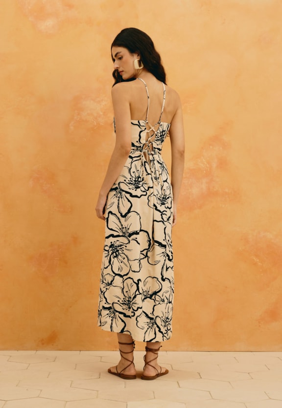 Vestido Midi Estampado Rosa Del Caribe Vista Traseira