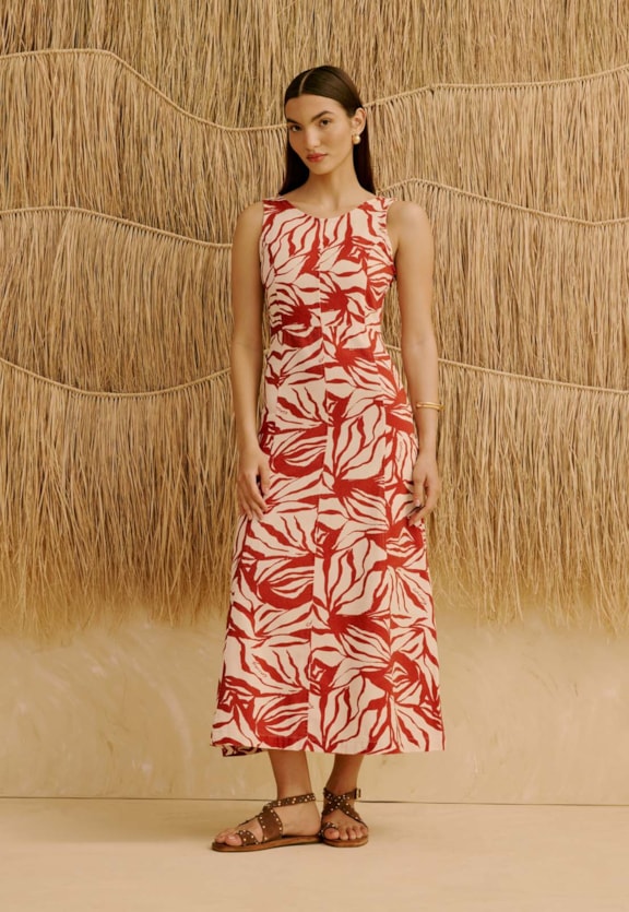 Vestido Midi Estampado Sarja Cacau Zebra Vista Frontal