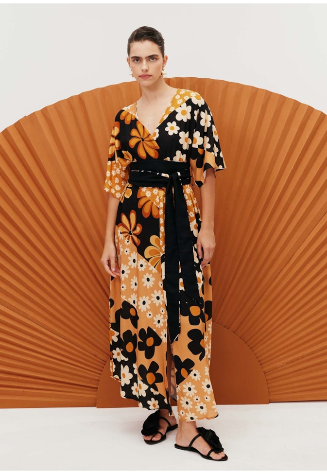 Vestido Midi Fenda Frontal Estampado Salsa