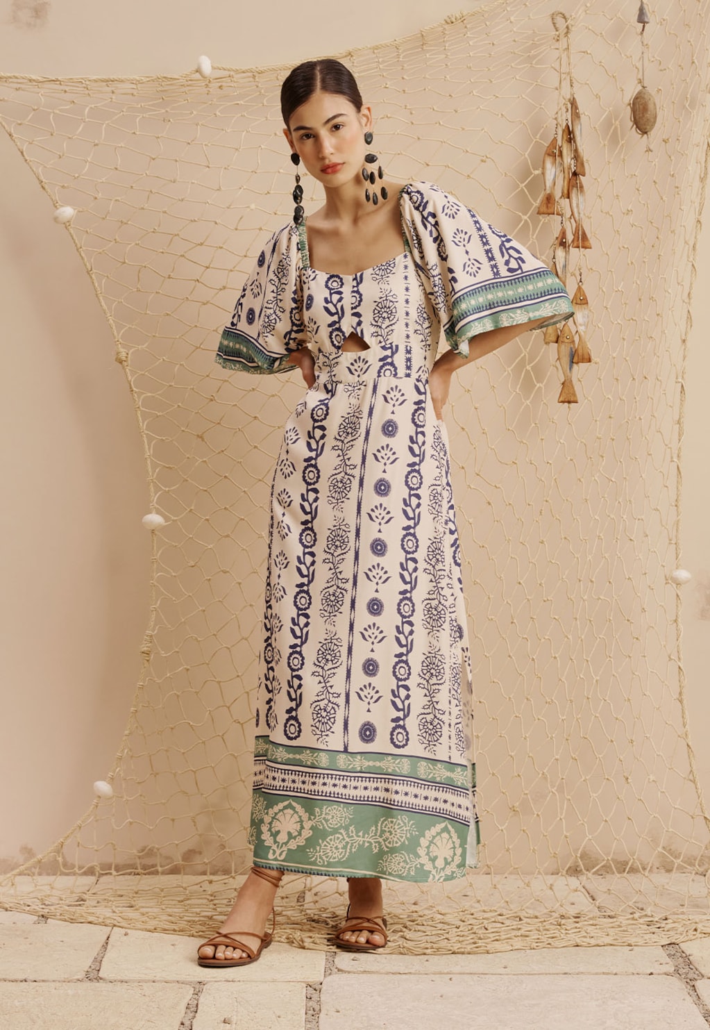 Vestido Midi Fenda Lateral Estampado Vinca