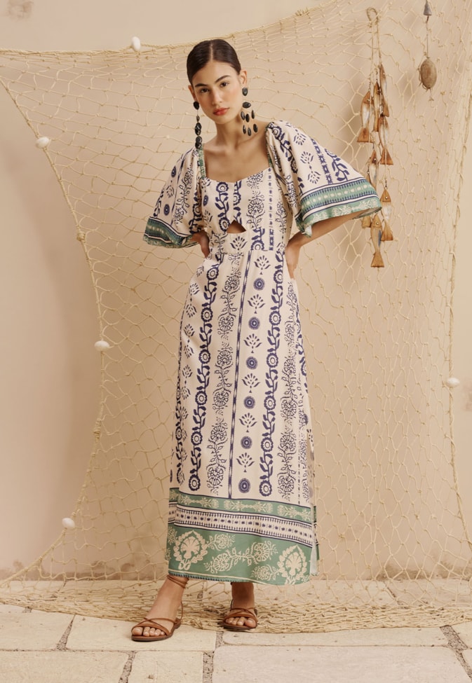 Vestido Midi Fenda Lateral Estampado Vinca