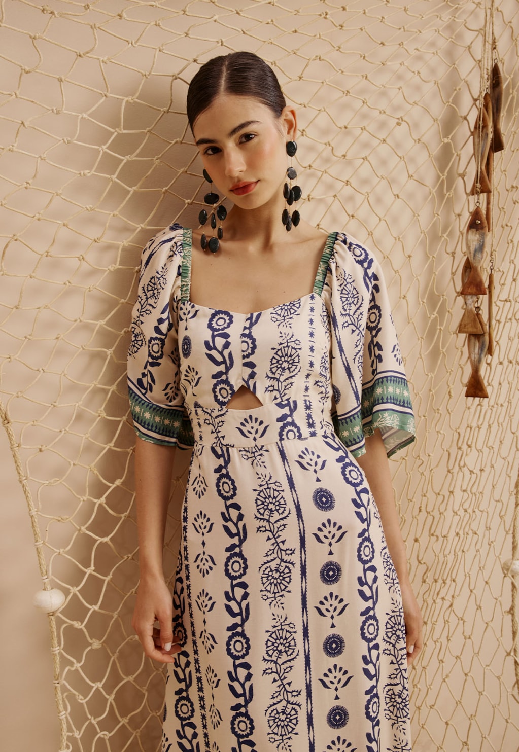 Vestido Midi Fenda Lateral Estampado Vinca