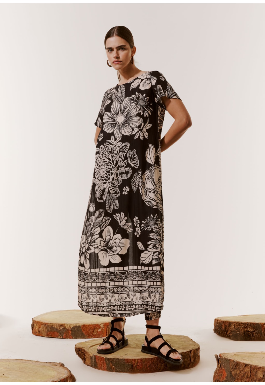 Vestido Midi Fendas Estampado Pradaria