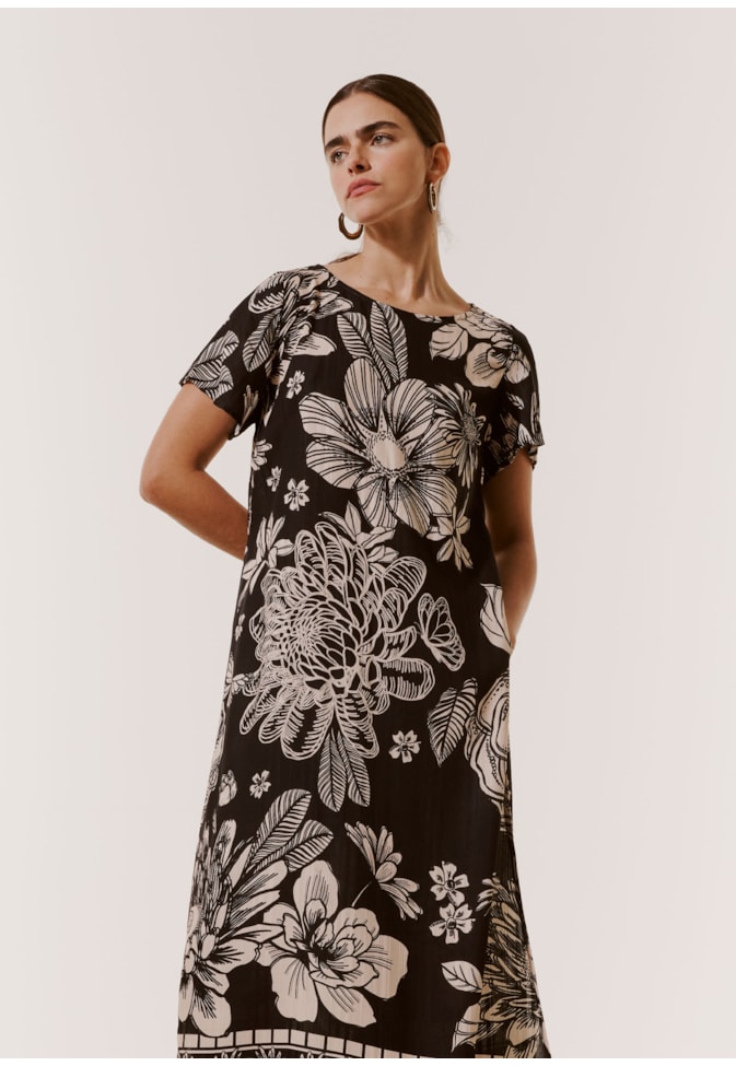 Vestido Midi Fendas Estampado Pradaria