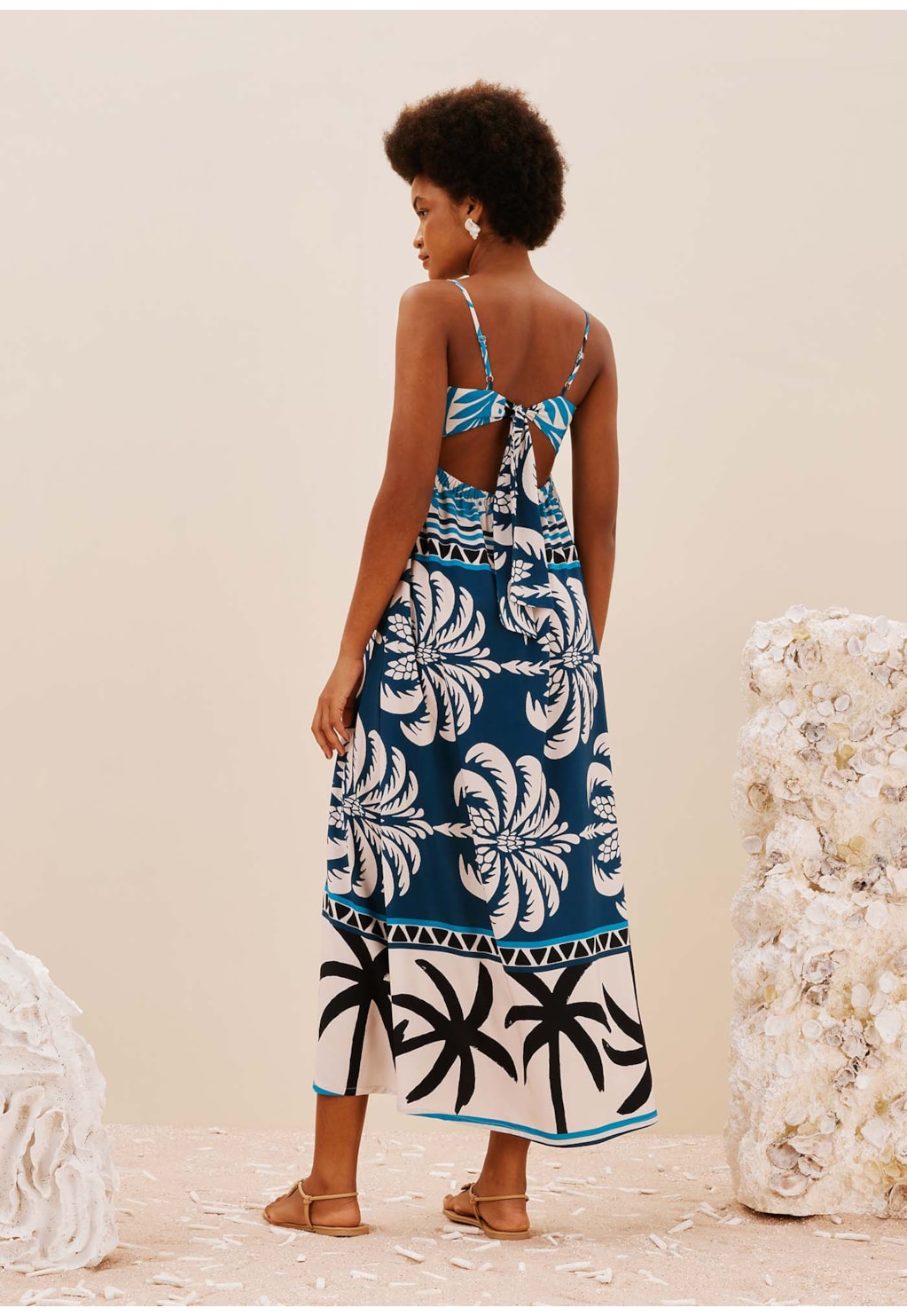 Vestido Midi Laço Costas Estampado Blue Bay