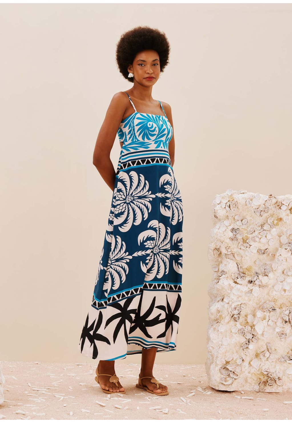 Vestido Midi Laço Costas Estampado Blue Bay