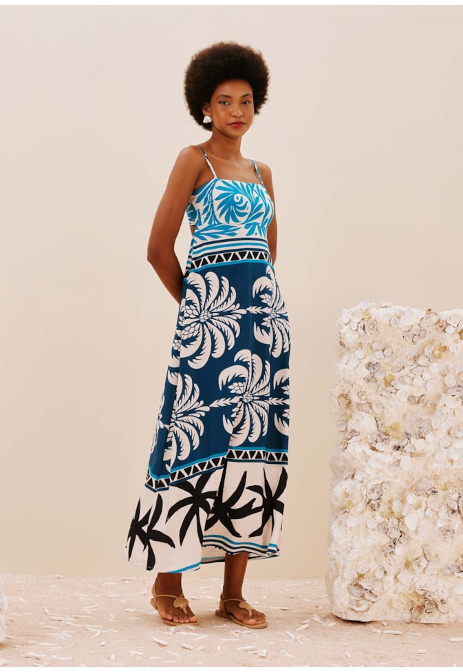 Vestido Midi Laço Costas Estampado Blue Bay