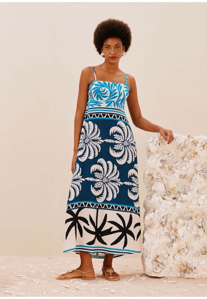 Vestido Midi Laço Costas Estampado Blue Bay