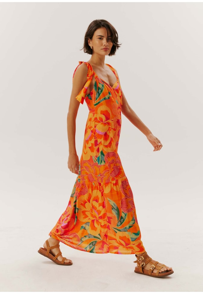 Vestido Midi Laços Ombro Estampado Aruba