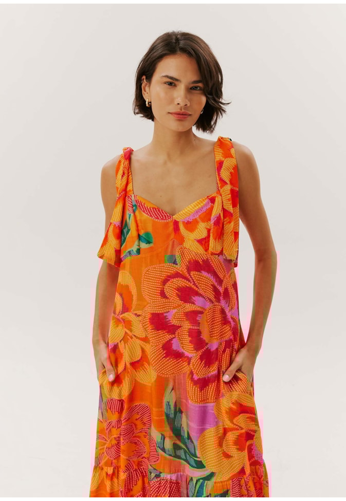 Vestido Midi Laços Ombro Estampado Aruba