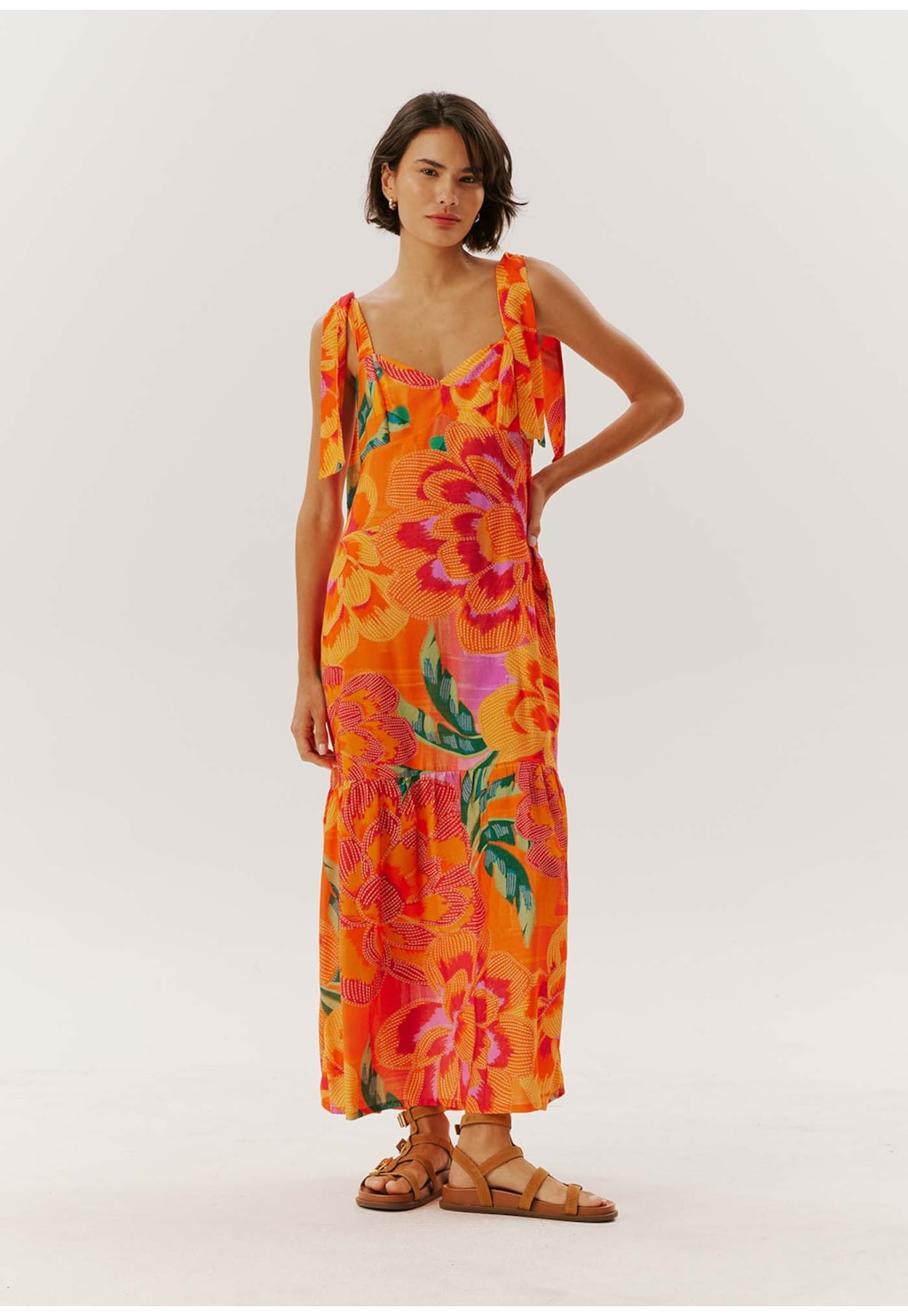 Vestido Midi Laços Ombro Estampado Aruba