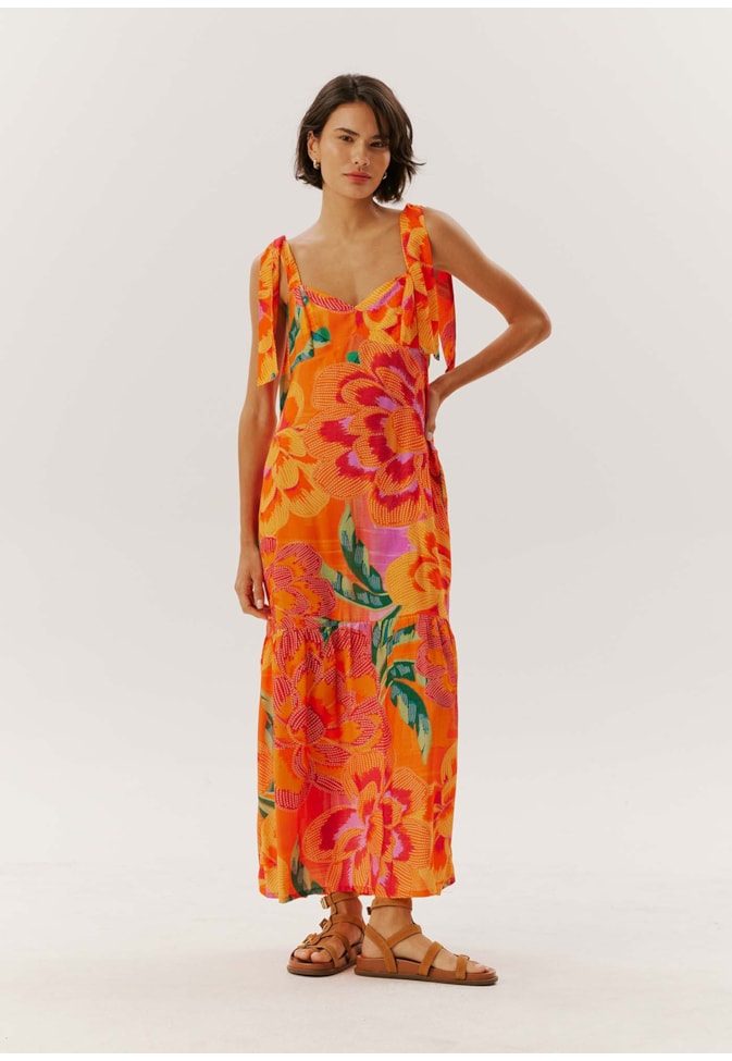 Vestido Midi Laços Ombro Estampado Aruba