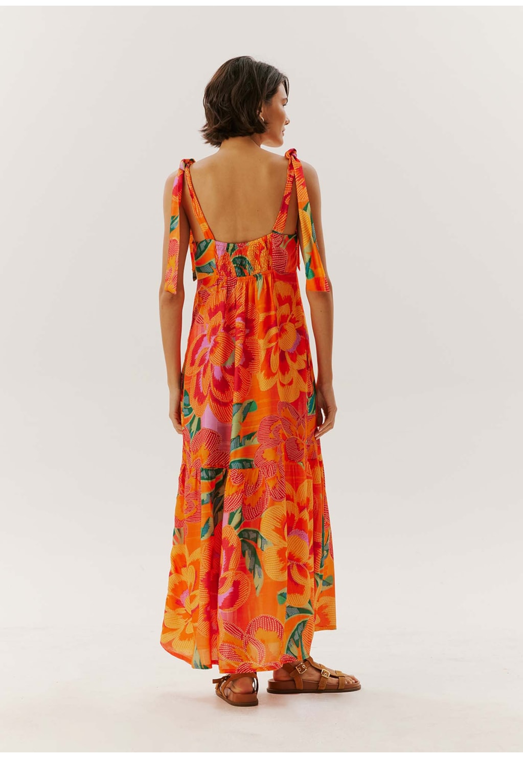 Vestido Midi Laços Ombro Estampado Aruba