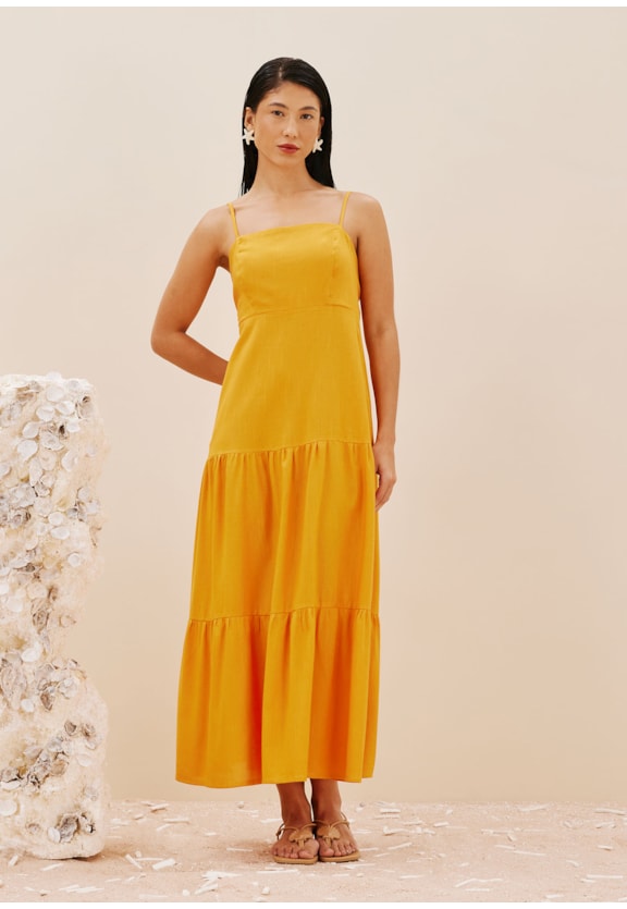 Vestido Midi Liso Babados Amarração Vista Frontal