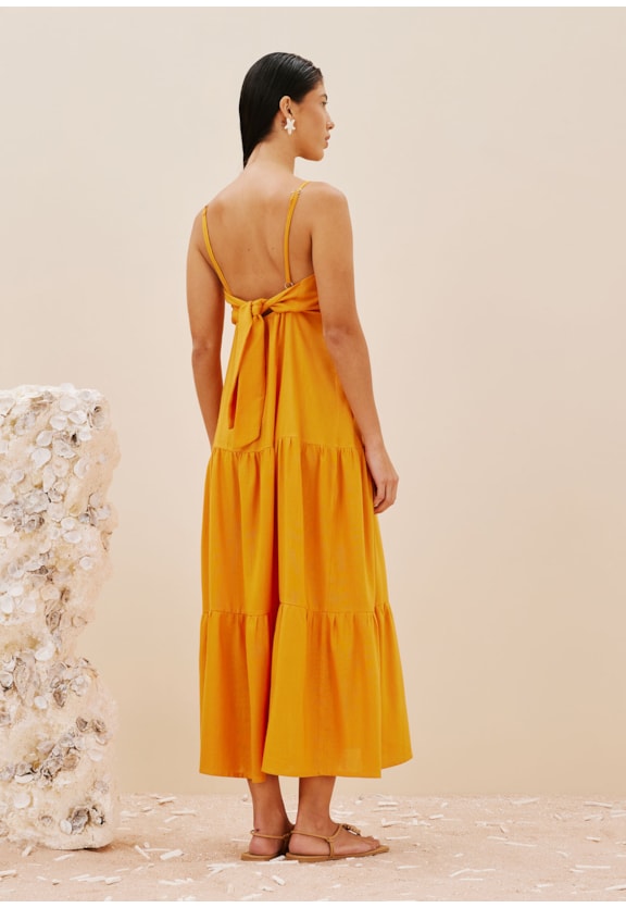 Vestido Midi Liso Babados Amarração Vista Traseira