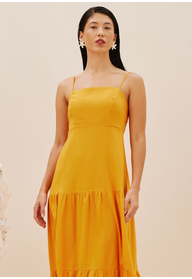 Vestido Midi Liso Babados Amarração