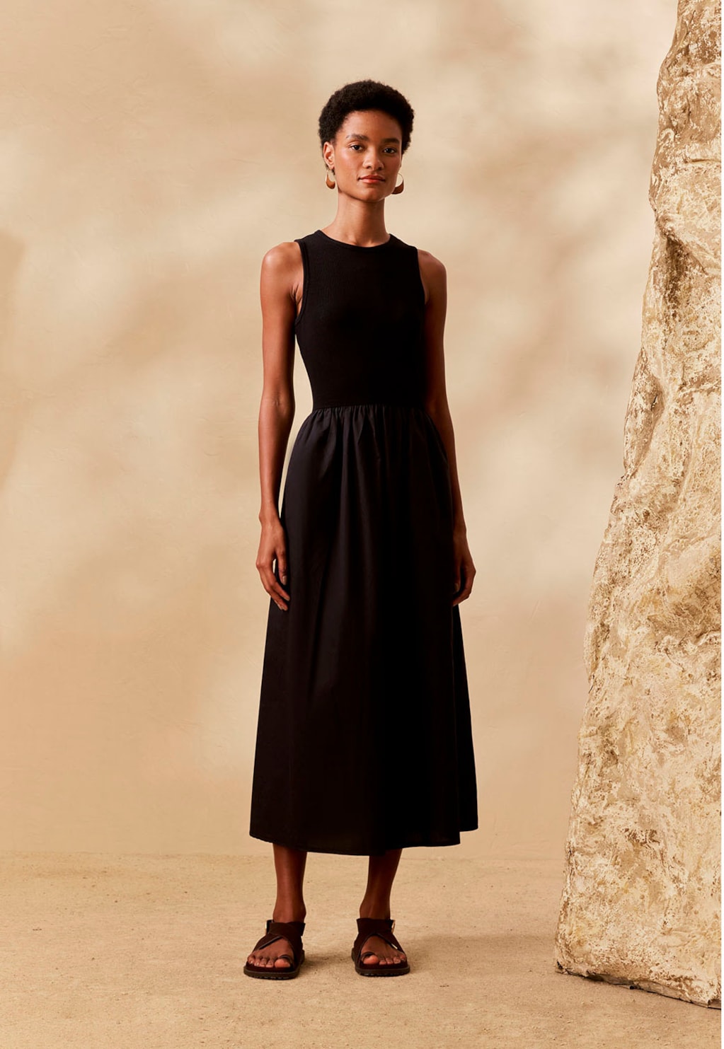 Vestido Midi Liso Blusa Rib Saia Tricoline