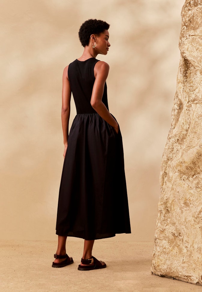 Vestido Midi Liso Blusa Rib Saia Tricoline