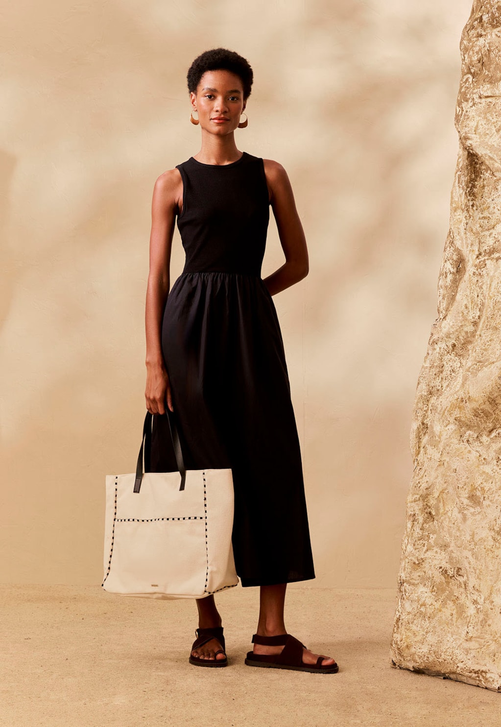 Vestido Midi Liso Blusa Rib Saia Tricoline