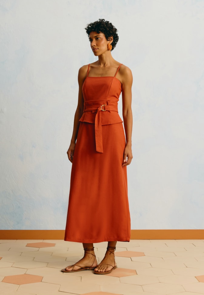 Vestido Midi Liso Cinto 