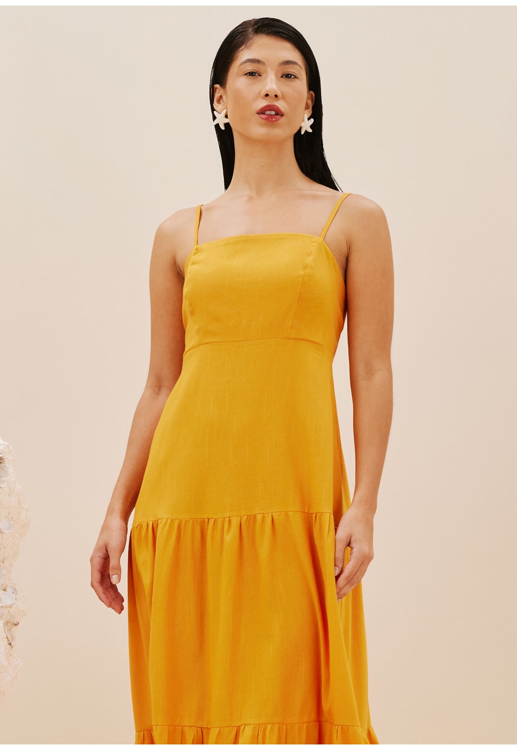 Vestido Midi Liso Com Babados