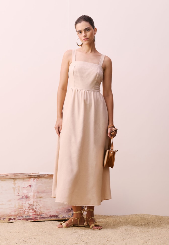 Vestido Midi Liso Decote Reto Amarração