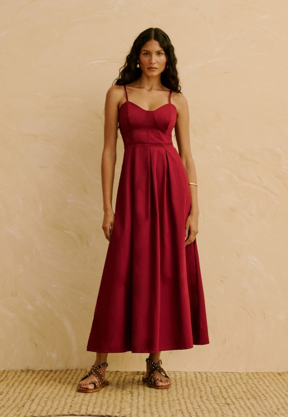 Vestido Midi Liso Detalhe Pregas   Vista Frontal