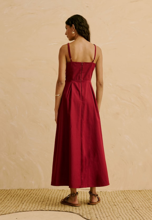 Vestido Midi Liso Detalhe Pregas   Vista Traseira