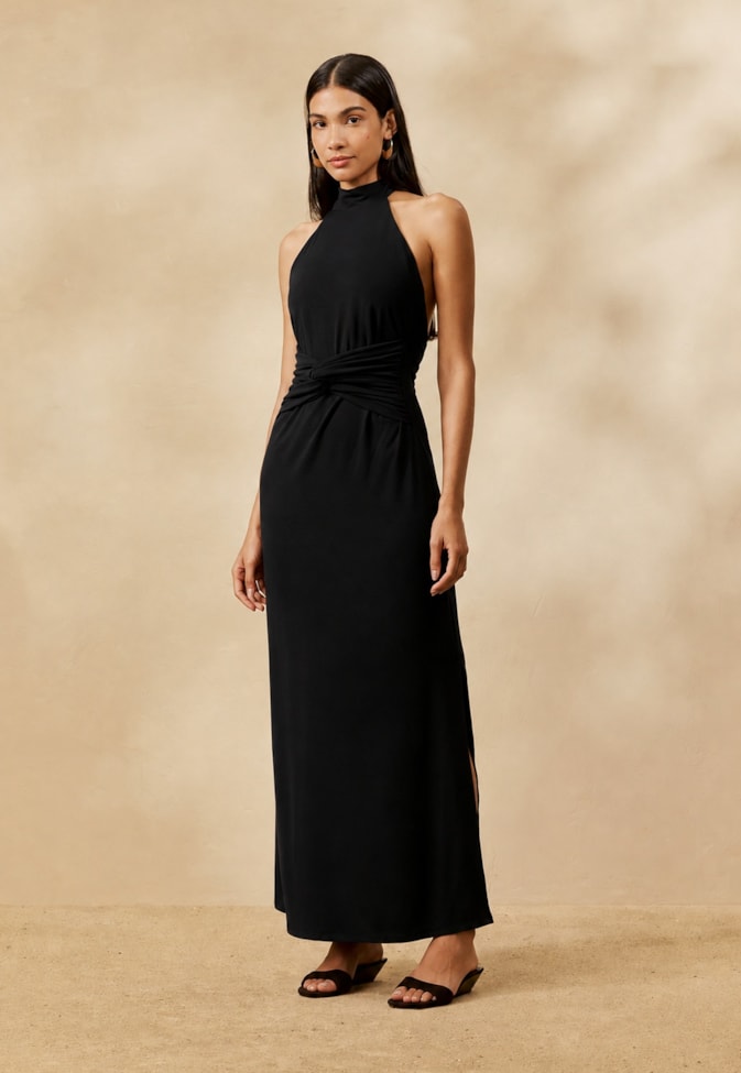 Vestido Midi Liso Frente Única Halter 