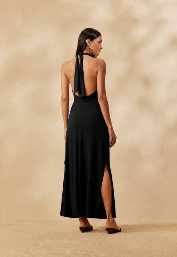 Vestido Midi Liso Frente Única Halter  Vista Traseira